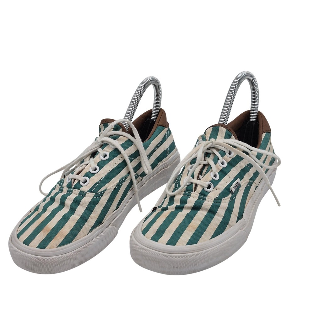 Vans Striped Canvas Shoes Mens Size 5.5 Green White Low‎ Top Lace Up Sneakers
